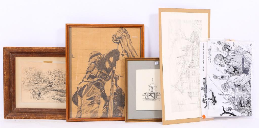 MILITARY PENCIL DRAWING AND PRINT LOT: MILITARY PENCIL DRAWING AND PRINT LOT Signed and numbered print by John Sullivan of cannon in front of the Pennsylvania Memorial at Gettysburg, "Coming Home" print signed by artist A.E. Ruffing,"Air E