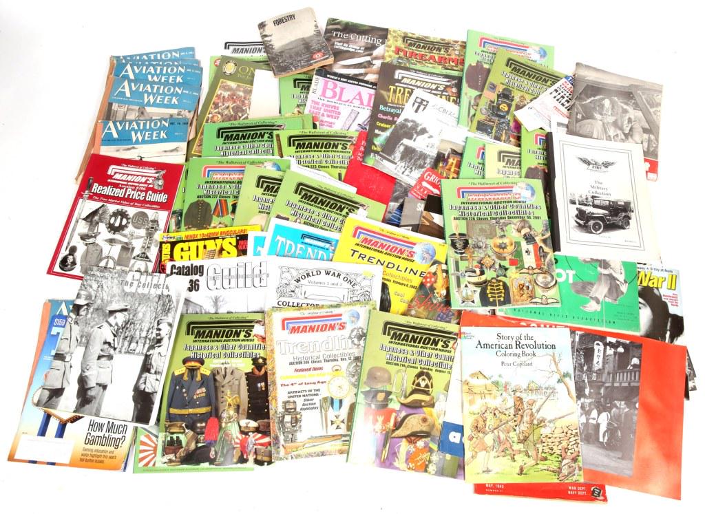 MILITARIA AUCTION MAGAZINE LOT: MILITARIA AUCTION MAGAZINE LOT Large mixed lot of Militaria auctions magazines and catalogs: Manions, The Collector's Guild, James Julia, AAG and much more. Great for price guide and Militaria referen