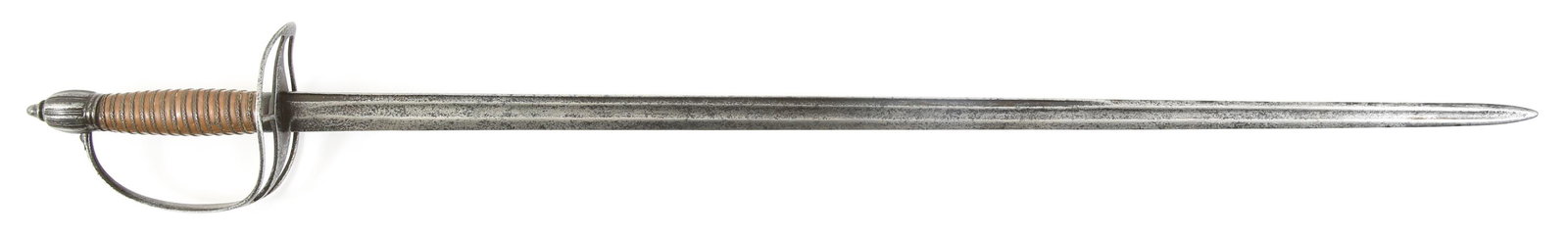 IMPERIAL EUROPEAN BRASS HANDLE SWORD: IMPERIAL EUROPEAN BRASS HANDLE SWORD Wire wrapped brass handle, European imperial era sword. Dual fuller with double edged tip blade. Blade Length: 29'' Overall Length: 35''