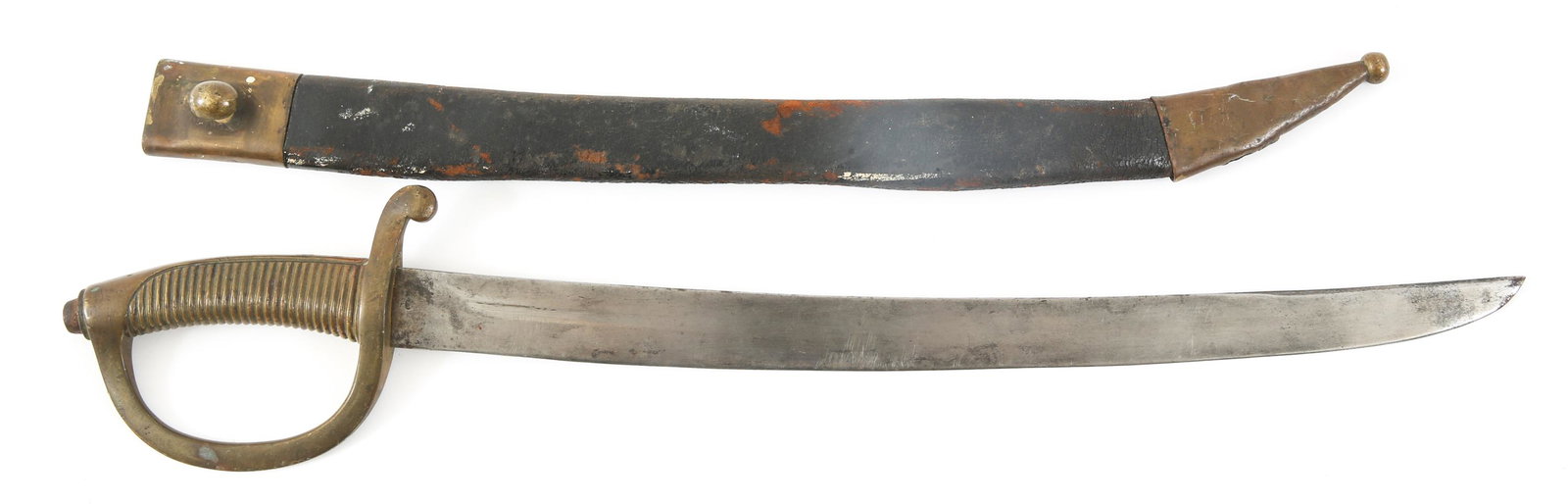 FRENCH M1804 NAVAL CUTLASS BRIQUET & SCABBARD: FRENCH M1804 NAVAL CUTLASS BRIQUET & SCABBARD French Briquet Naval Cutlass. Champagne sword. Unmarked blade with false edge dagger tip. Brass locket and chape. This sword was used by the French Navy, 