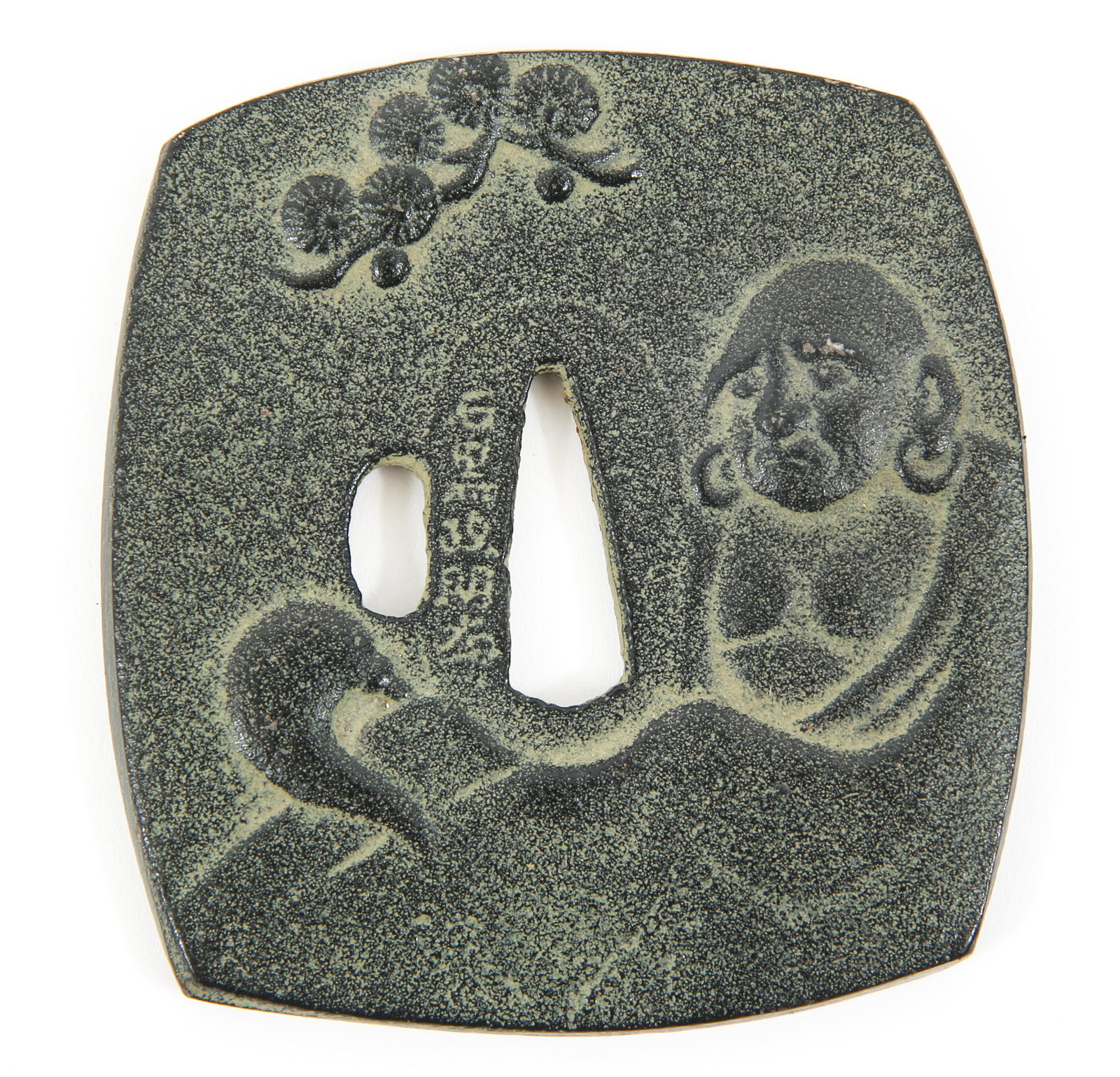 KAKU GATA JAPANESE SIGNED KATANA TSUBA WITH BOX: KAKU GATA JAPANESE SIGNED KATANA TSUBA WITH BOX Kaku Gata. Rounded edge square configuration. Signed near central rim with 5 Japanese characters. Anthropomorphic & floral design. Approx. 3'' in length
