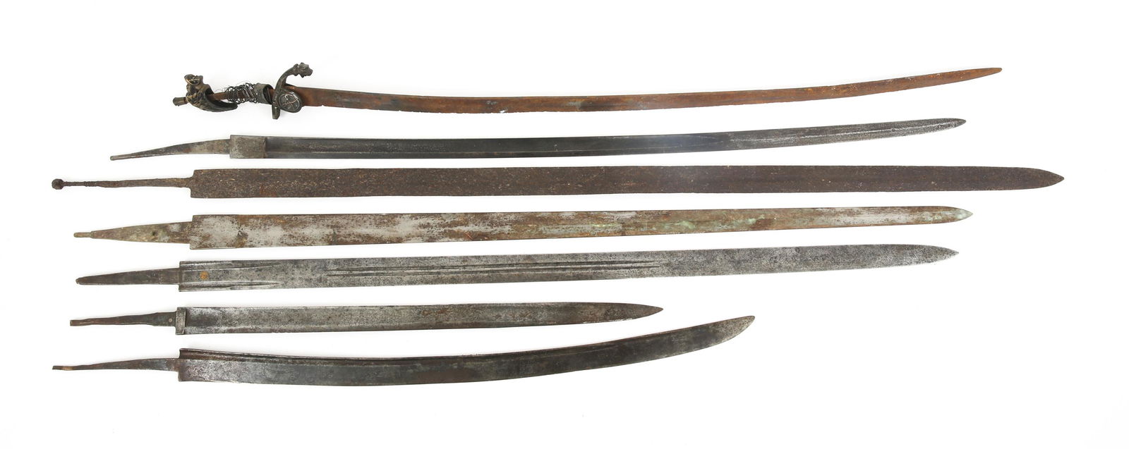 SWORD & SABER BLADES LOT OF 7: SWORD & SABER BLADES LOT OF 7 Mixed grouping of swords & sabers blade lot of 7. Blades of various styles, constructions and eras. Blade Length: 20'' - 38'' Overall Length: 24.5'' - 44''