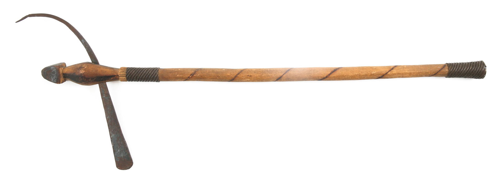 AFRICAN DUAL SIDED STEEL MAKONDE BATTLE AXE: AFRICAN DUAL SIDED STEEL MAKONDE BATTLE AXE African dual sided Makonde Tanzanian wood & steel axe. Woven pommel of handle with woven wire wrapping. Woven wire wrapping to head of axe just below blade.