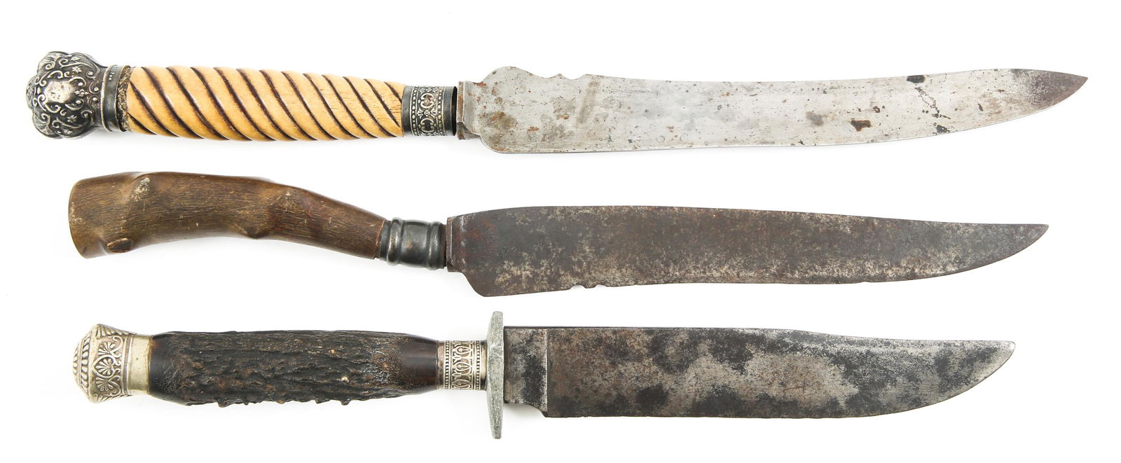 STAG HANDLE HUNTING KNIFE LOT OF 3: STAG HANDLE HUNTING KNIFE LOT OF 3 1- Light brown stag handle hunting knife, drop point blade. 8'' blade, 13.5'' total length. 2- "John Bentley & Co. Sheffield, England" marked hunting knife with dagg