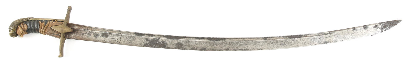 EARLY 19TH C. BAVARIAN INFANTRY SABER: EARLY 19TH C. BAVARIAN INFANTRY SABER Sword bears long deep fuller, blade is curved in traditional Hussar style saber shape. Crossed brass hilt with pommel engraved in relief. Blade is marked with reg