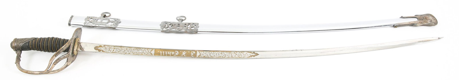 PAT 1872 CAVALRY OFFICERS PRESENTATION SWORD: PAT 1872 CAVALRY OFFICERS PRESENTATION SWORD Pattern 1872 Cavalry Officer's named saber / sword with etched single edge blade. Ricasso is maker marked "RIDABOCK - & Co. New York . N.Y". Acid etched bl