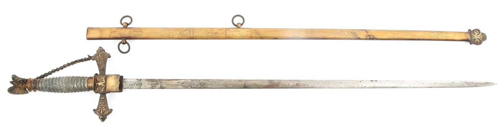 US PATRIOTIC FRATERNAL ORDER ETCHED SWORD: US PATRIOTIC FRATERNAL ORDER ETCHED SWORD US Patriotic Fraternal Order / Society presentation sword with acid etched double edged blade. Maker marked "J.H LAMBERT & SONS , Philadelphia, PA" on the ric