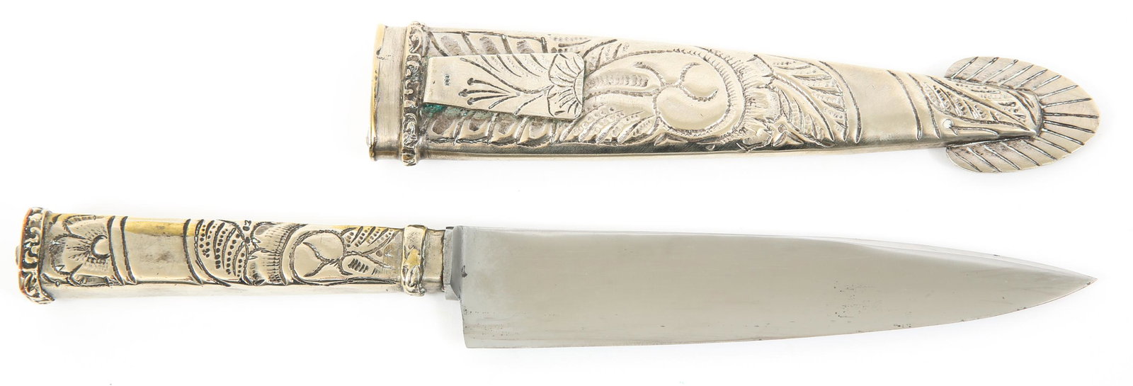 MARKED SOUTH AMERICAN FACON GAUCHO KNIFE: MARKED SOUTH AMERICAN FACON GAUCHO KNIFE Marked "800" denoting silver content on both scabbard chape & hanging clip. Also marked "800 on butt cap / pommel of handle. Drop point blade marked "H. BOKER 