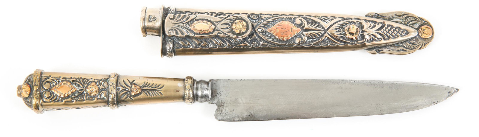 SOUTH AMERICAN FACON GAUCHO KNIFE 800: SOUTH AMERICAN FACON GAUCHO KNIFE 800 Marked "800" denoting silver content above "MF" on the raised crescent of locking integral scabbard locket. Drop point blade marked "ACERO SUECO". "N.G.O." markin