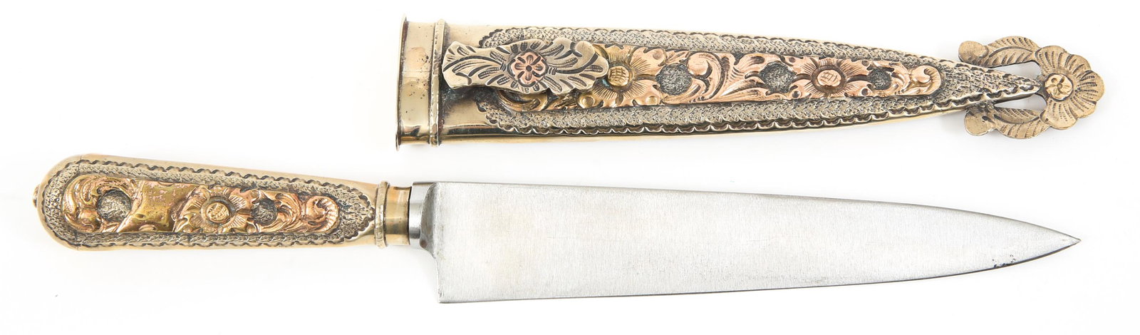 ARGENTINIAN GAUCHO KNIFE ALPACA MARKED: ARGENTINIAN GAUCHO KNIFE ALPACA MARKED Drop point blade bears manufacturer's mark "INDUSTRIA JU-CA TANDIL ARGENTINA" in circular configuration stamped on blade. Stamped marking on buffer of scabbards'