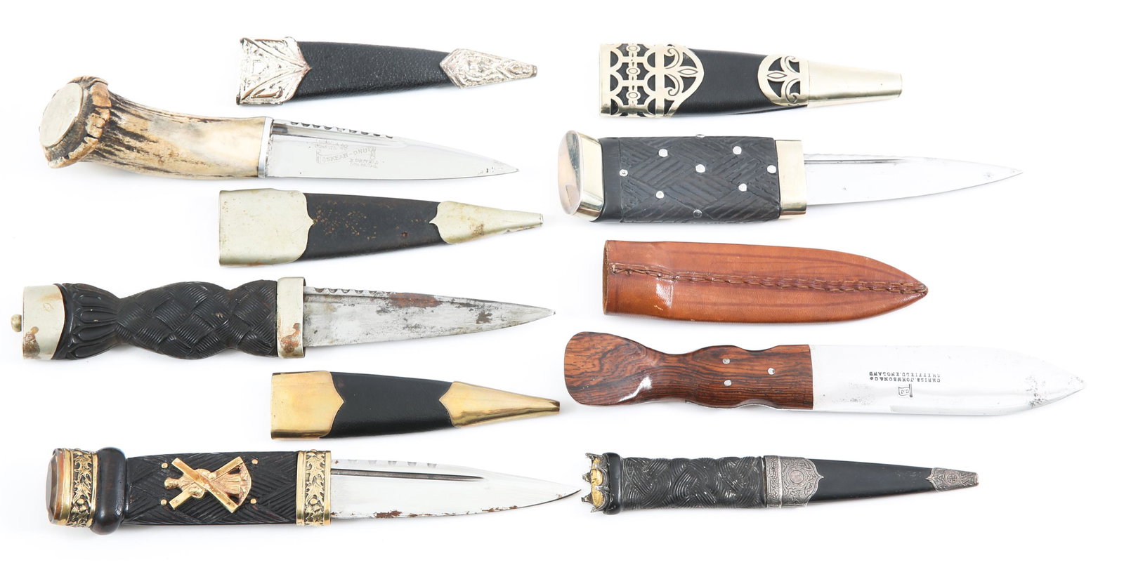 SCOTTISH HIGHLAND SMALL KNIFE LOT OF 6: SCOTTISH HIGHLAND SMALL KNIFE LOT OF 6 1- Stag handle knife, decorated fittings, etched blade is marked by maker "J. Nowill & Co. Sons Ltd, Sheffield, Britain". 2- Gold gilt fittings, carved woven pat