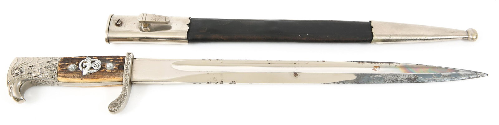 UNIT MARKED WWII GERMAN POLICE DRESS LONG BAYONET: UNIT MARKED WWII GERMAN POLICE DRESS LONG BAYONET Maker marked "P.D LUNESCHLOSS SOLINGEN" on ricasso, unit marking " S.D. IV. 187. " present on both locket of scabbard, as well as single hilt of bayon