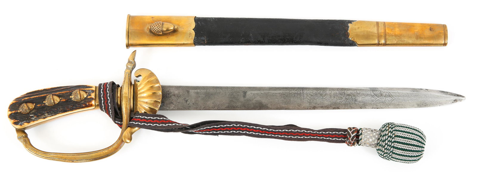 GERMAN HUNTING DAGGER ETCHED BLADE WITH PORTEPEE: GERMAN HUNTING DAGGER ETCHED BLADE WITH PORTEPEE Third Reich Senior Forestry officer's WWII hirschfanger. Stag handle German hunting dagger Hirschfanger, red & silver bullion-wire portepee, black leat