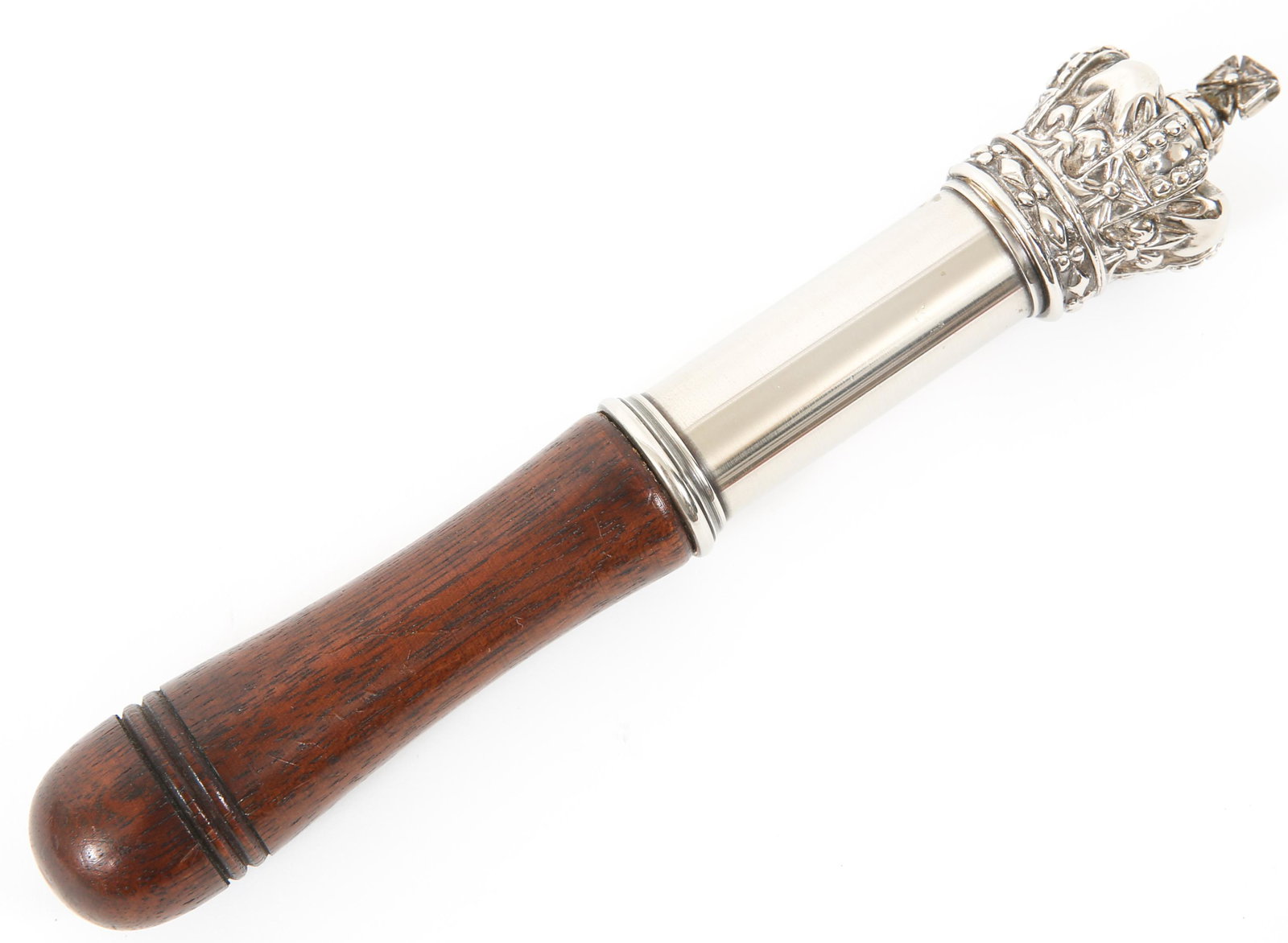 GEORGE III POLICE CONSTABULARY TIPSTAFF 1760-1820: GEORGE III POLICE CONSTABULARY TIPSTAFF 1760-1820 George III Tipstaff or Tipstave with turned wood handle and metal body (metal untested as to silver content, likely silver plated). Topped with a crow