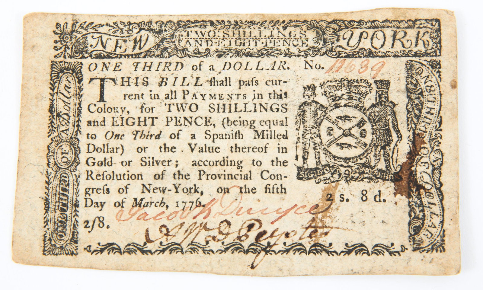 NEW YORK COLONIAL CURRENCY, ONE THIRD DOLLAR, 1776: NEW YORK COLONIAL CURRENCY, ONE THIRD DOLLAR, 1776 New York colonial currency, two shillings and eight pence, being equal to one third of a Spanish Milled Dollar. Dated March 5, 1776.