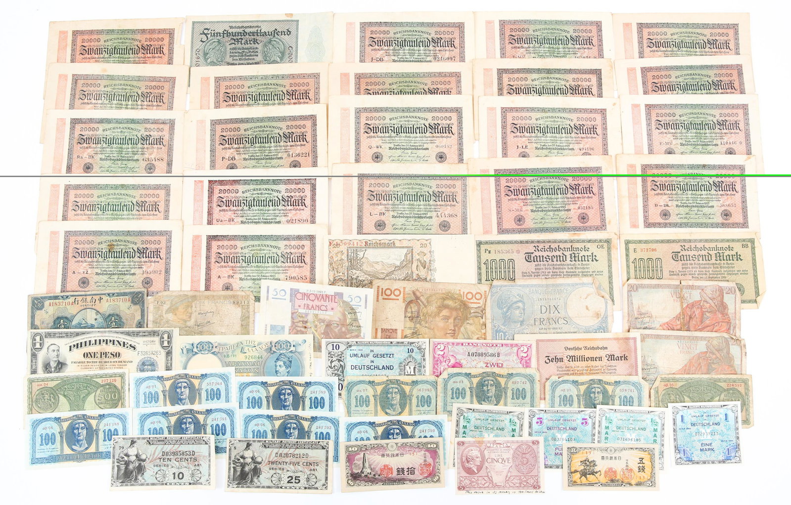 20TH C. INTERNATIONAL PAPER MONEY - LOT OF 57: 20TH C. INTERNATIONAL PAPER MONEY - LOT OF 57 Lot of 57 pieces of 20th century international paper money, dating between 1921 and 1950. Currencies include German marks, Chinese yuan, Italian lire, Fre