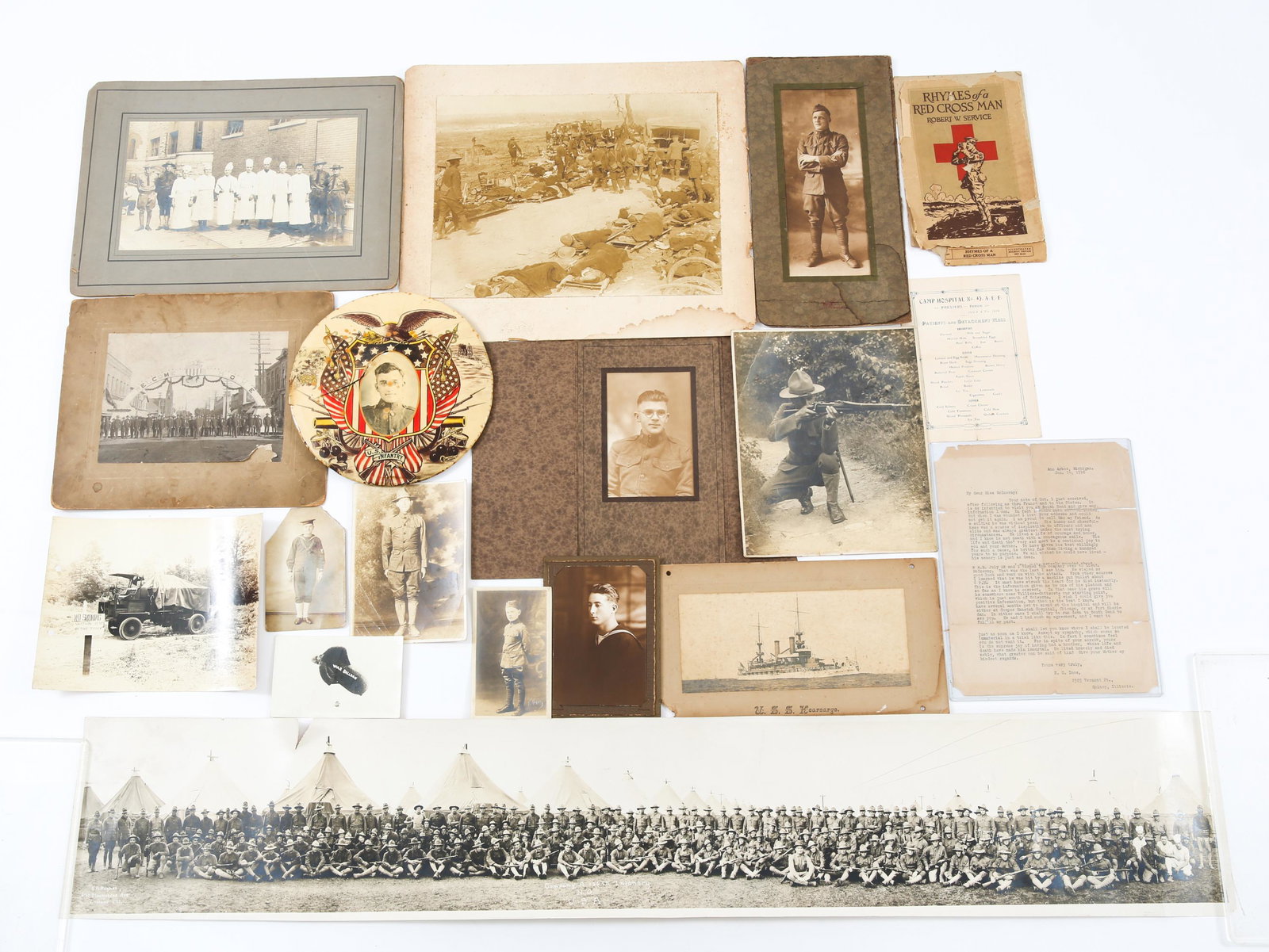 WWI & WWII US & UK PHOTO LOT: WWI & WWII US & UK PHOTO LOT Photos include but are not limited to : Welcome home parade, Triage scene, mess kitchen group photo, USS Kearsarge, Typed letter dated Jan. 14. 1918 from a soldier to the 