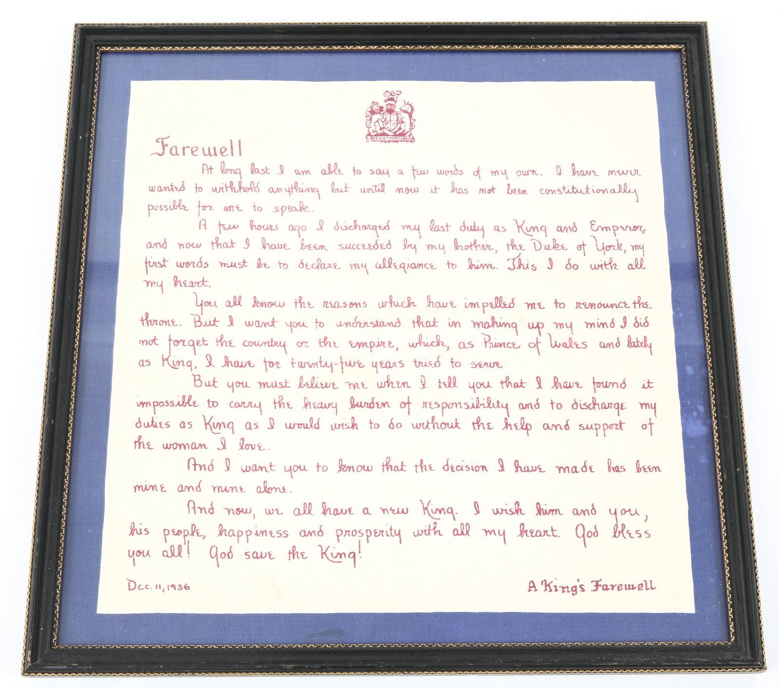 BRITISH EDWARD VIII 1936 FRAMED SILK BANNER: BRITISH EDWARD VIII 1936 FRAMED SILK BANNER A framed and glazed silk banner or handkerchief, issued to commemorate the abdication of King Edward VIII from the throne of the United Kingdom following hi