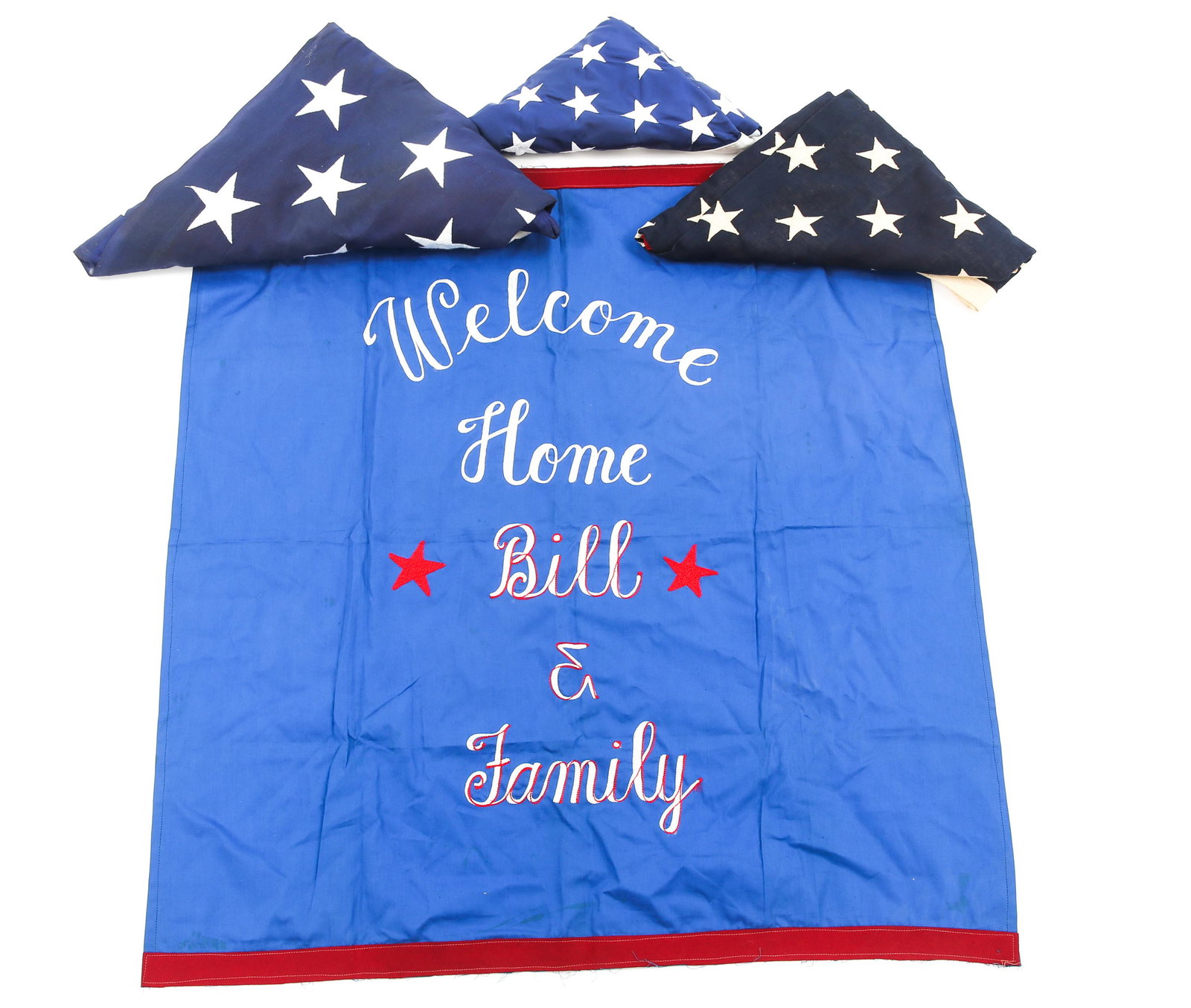 50 STARS AMERICAN & WELCOME HOME FLAG LOT OF 4: 50 STARS AMERICAN & WELCOME HOME FLAG LOT OF 4 50 Stars American Flag, lot of 3. includes 3' x 5' cotton embroidered on nylon; 4' x 6' multiple piece construction; 5' x 8' full cotton embroidered. 1- 