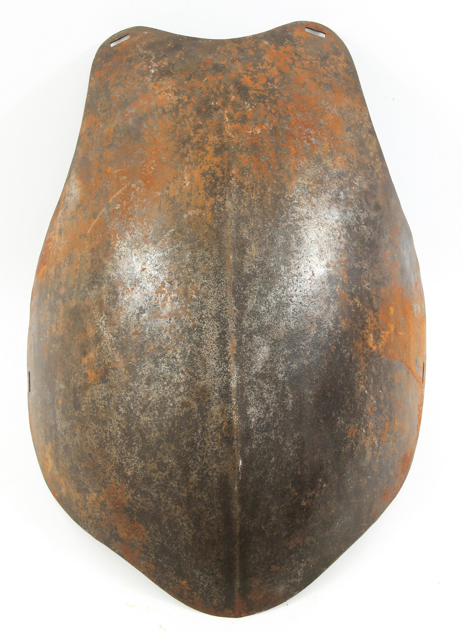 FRENCH GLOBOSE BREASTPLATE CUIRASS TORSO ARMOR: FRENCH GLOBOSE BREASTPLATE CUIRASS TORSO ARMOR Vintage reproduction of medieval style armor. Breastplate of Cuirass torso armor in the late Medieval French style with central seam. Globose armor plate