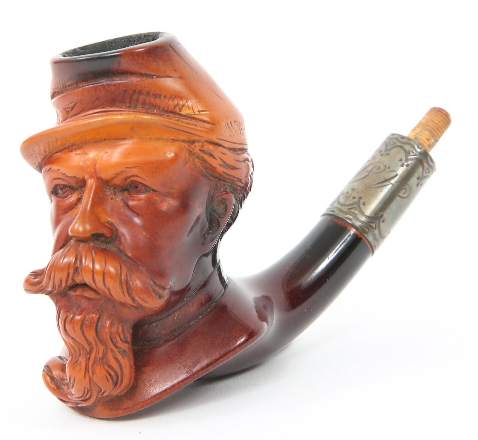 CIVIL WAR MEERSCHAUM PIPE NAMED ALBERT P. PEABODY: CIVIL WAR MEERSCHAUM PIPE NAMED ALBERT P. PEABODY Civil war relic pipe carved from meerschaum. Pipe is monogrammed "APP" on the silver locket with decorative frieze on both ends. Pipe is intricately c