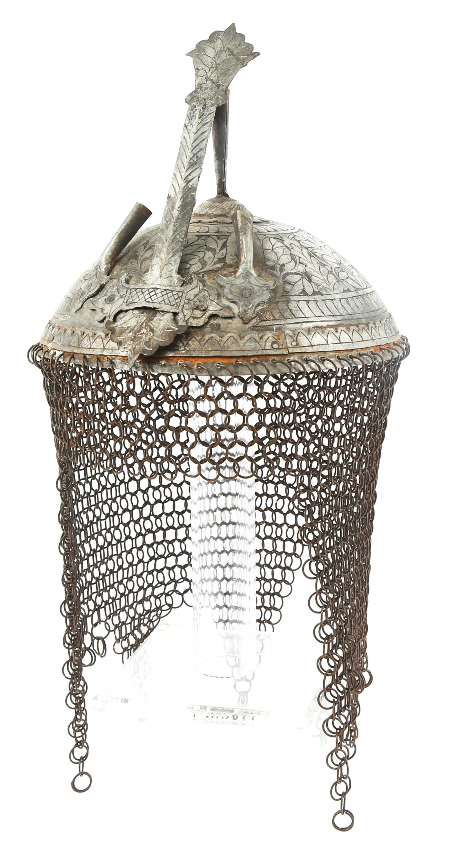INDO-PERSIAN KULAH KHUD CHAIN MAIL GUARD HELMET: INDO-PERSIAN KULAH KHUD CHAIN MAIL GUARD HELMET Indo Persian Kulah Khud Chain Mail neck guard helmet. From the later period (likely 17th - 18th C.) of the Mughal Empire. Sloped surface, constructed in