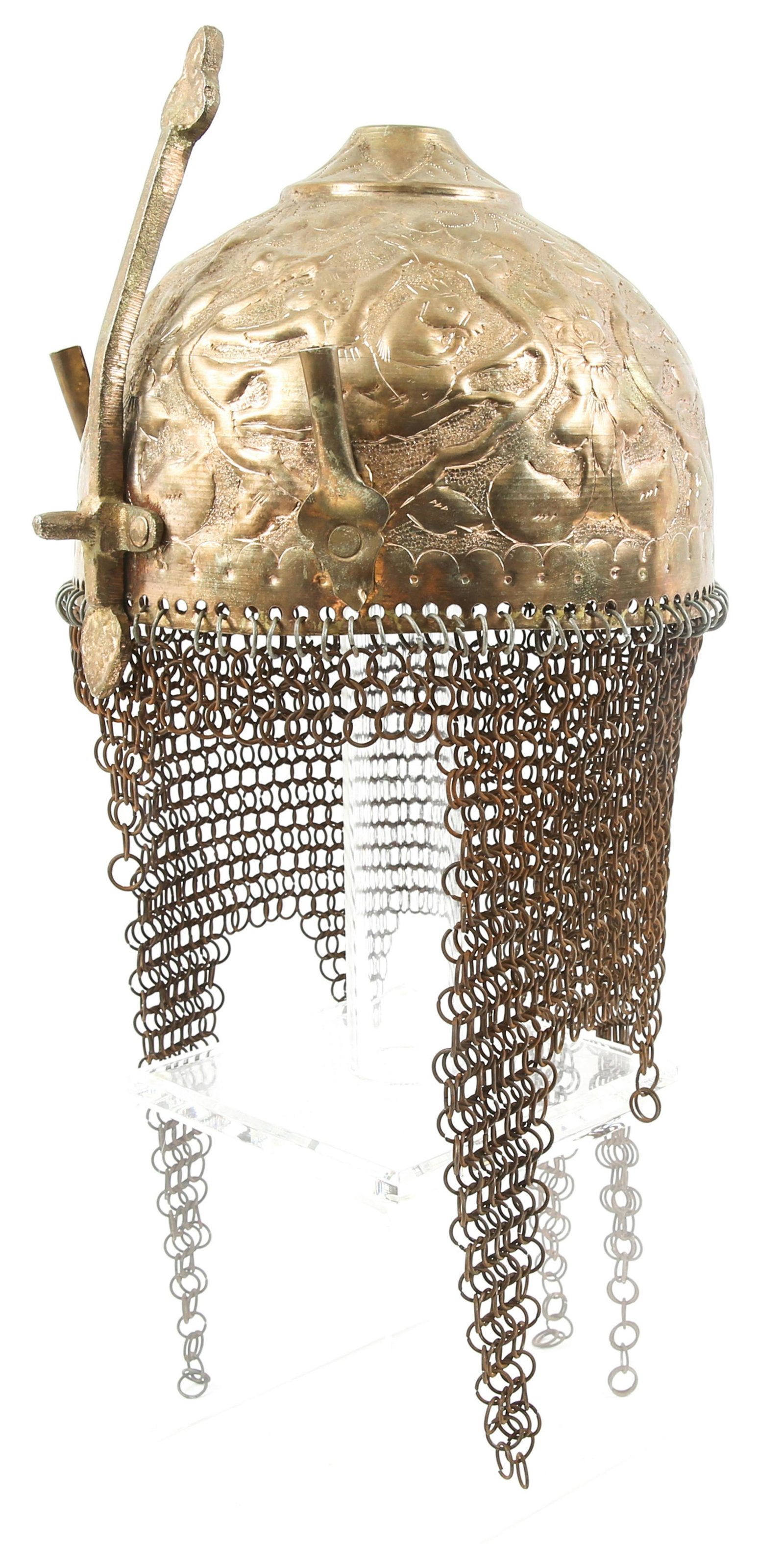 INDO PERSIAN KHULAH KHUD DISPLAY HELMET CHAIN MAIL: INDO PERSIAN KHULAH KHUD DISPLAY HELMET CHAIN MAIL Engraved with Persian Mughal cavalry repousse in relief. Brass construction with chain mail neck guard. Two plume fittings, pierced top vent.