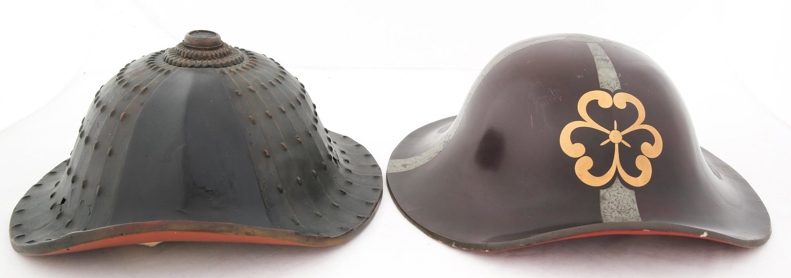 EDO JAPANESE JINGASA KABUTO KASA HELMET LOT OF 2: EDO JAPANESE JINGASA KABUTO KASA HELMET LOT OF 2 Jingasa for Samurai and Ashigaru. (1) Brown lacquered helmet with tilted brim, frontal floral design, red lacquer interior, fabric lined pillow straps.