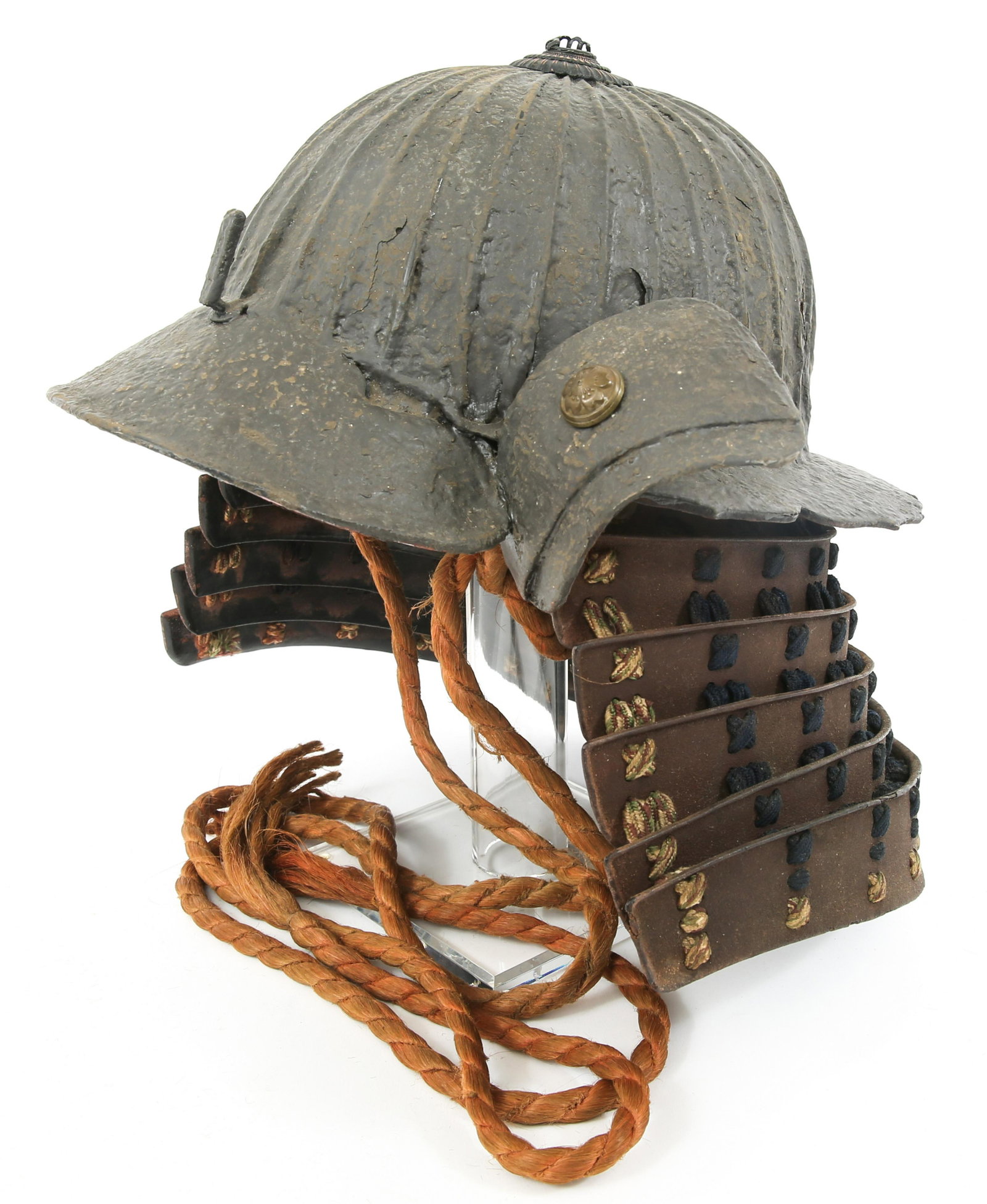 EDO PERIOD JAPANESE SAMURAI KACHI KABUTO HELMET: EDO PERIOD JAPANESE SAMURAI KACHI KABUTO HELMET Japanese Kachi Kabuto helmet. Multiple piece Hachi construction. Most of original lacquer remains. Five piece Shikoro. Integral Fukigaeshi. Original Shi