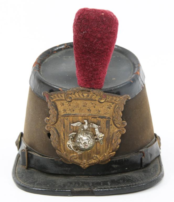 LATE 19TH C. USMC SHAKO CAP WITH BADGE & PLUME: LATE 19TH C. USMC SHAKO CAP WITH BADGE & PLUME US Marine Corps Infantry converted Shako cap. Beaver skin constructed body of cap, 8.5'' from tip of brim to the back of cap. Infantry marked buttons and