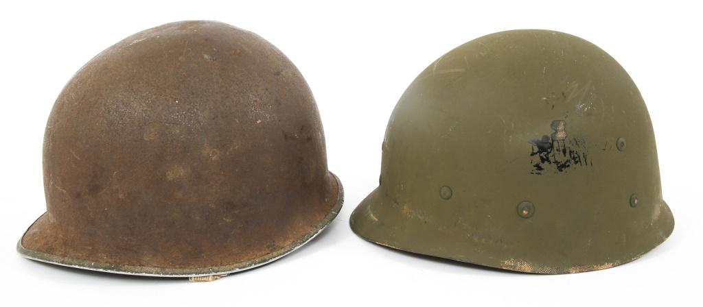 WWII US ARMY FIXED BALE M1 COMBAT HELMET: WWII US ARMY FIXED BALE M1 COMBAT HELMET WWII US Army M1 combat helmet. 1942 production McCord shell serial " 381D ", Fixed bale, front seam, Capac liner with Mfg stamped khaki webbing, leather chinst