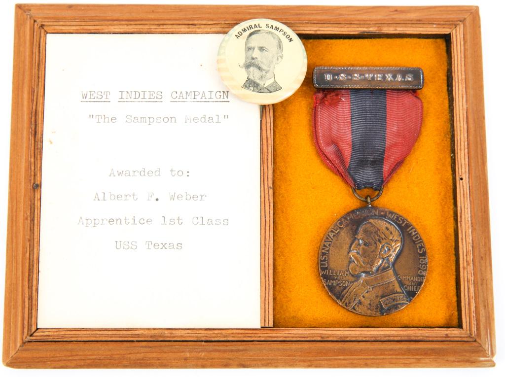 NAMED SPAN-AM WEST INDIES SAMPSON MEDAL USS TEXAS: NAMED SPAN-AM WEST INDIES SAMPSON MEDAL USS TEXAS 1898 West Indies US Navy Campaign, Span-Am War. "The Sampson Medal" , participation in the battle of Santiago De Cuba as depicted on obverse. William 