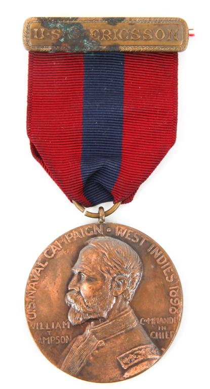 SPAN-AM US WEST INDIES NAVAL CAMPAIGN MEDAL: SPAN-AM US WEST INDIES NAVAL CAMPAIGN MEDAL 1898 West Indies US Navy Campaign, Span-Am War Medal. "The Sampson Medal", participation in the battle of "Matanzas April 27th" as depicted on obverse. "USS