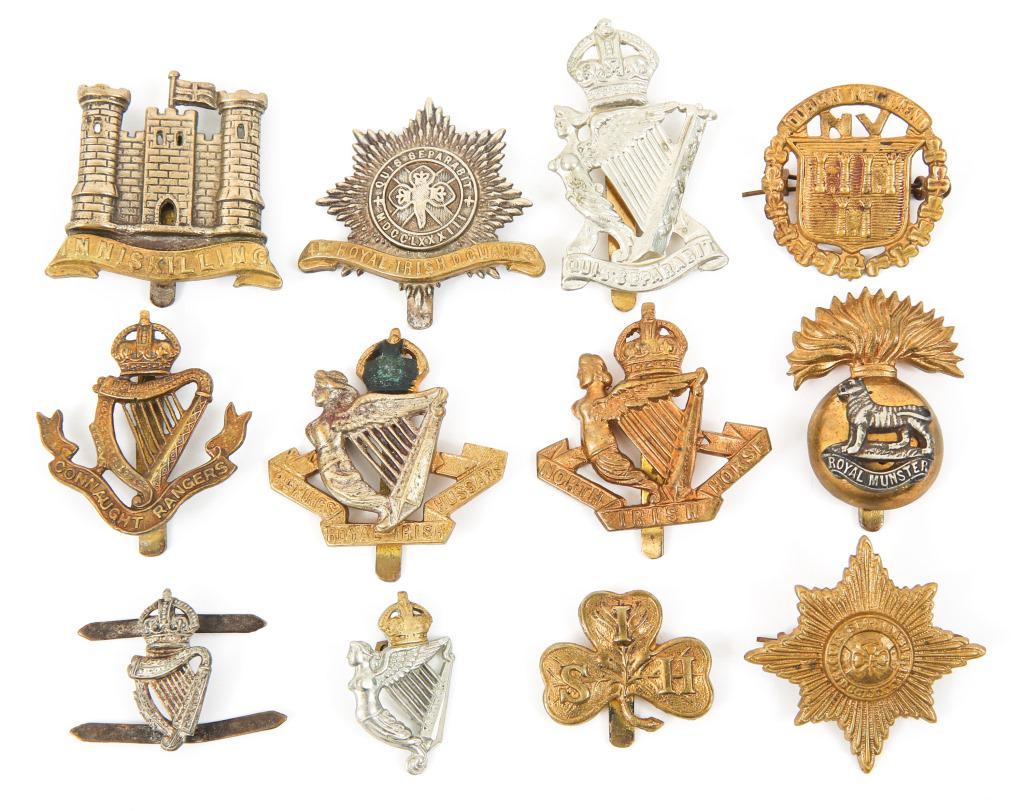 WWI BRITISH PALS BATALLION UNIFORM PIN LOT: WWI BRITISH PALS BATALLION UNIFORM PIN LOT Includes: 4th Royal Irish D-Guards, 8th King's royal Irish Hussars, Connaught Rangers & more. Vertical pin back.