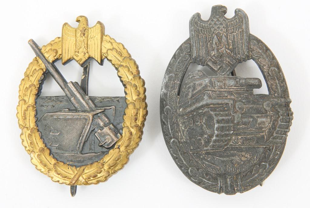 WWII KRIEGSMARINE ARTILLERY & PANZER ASSAULT BADGE: WWII KRIEGSMARINE ARTILLERY & PANZER ASSAULT BADGE (1) German WWII Kriegsmarine Coastal Artillery badge, vertical pin back configuration marked on reverse "Schwerin Berlin". (2) German WWII Panzer ass
