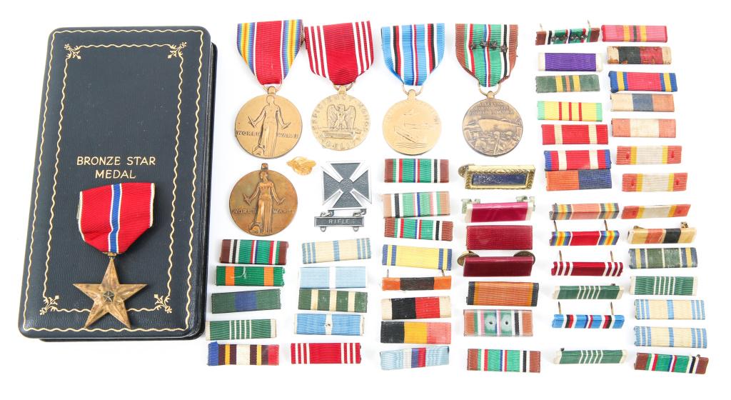 US ARMED FORCES WWII & LATER MEDALS RIBBON BAR LOT: US ARMED FORCES WWII & LATER MEDALS RIBBON BAR LOT Lot includes: Boxed bronze star medal with ribbon bar & lapel pin, European African Middle Eastern Campaign medal with star studded ribbon, American 