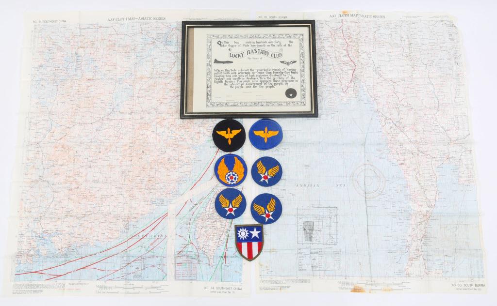 WWII PACIFIC THEATER USAAF LOT PATCHES, MAPS, MORE: WWII PACIFIC THEATER USAAF LOT PATCHES, MAPS, MORE Lot of WWII bomber pilot and pacific theater lot. Items include: 7 patches (CBI China Burma India, USAAF army air force patches, USAAF material comma