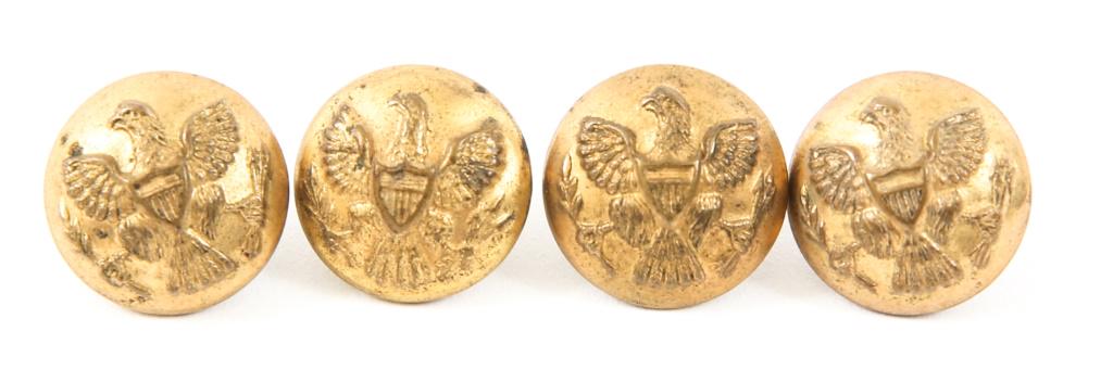 CIVIL WAR UNION UNIFORM & COAT BUTTONS LOT OF 4: CIVIL WAR UNION UNIFORM & COAT BUTTONS LOT OF 4 Civil War era Union buttons with Federal General Service eagle on front, arrows & olive tree in the Eagle's opposing talons. All maker marked: "HORSTMAN