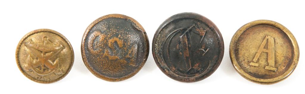 CIVIL WAR ERA CONFEDERATE STATES BUTTON LOT OF 4: CIVIL WAR ERA CONFEDERATE STATES BUTTON LOT OF 4 1- "CS" Naval Artillery brass button. 18mm. 1- "CSA" Army brass button. 21mm. 1- "A" Artillery designation brass coat button. 22mm. 1- "E" (in large sc