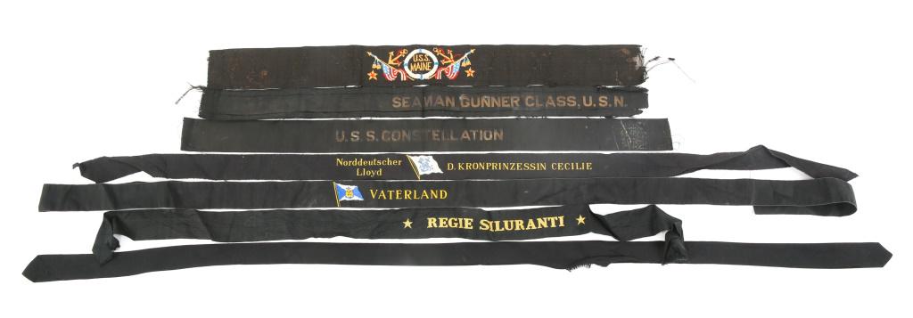 SPAN AM WAR & OTHER SAILORS FLAT CAP RIBBON LOT: SPAN AM WAR & OTHER SAILORS FLAT CAP RIBBON LOT Sailors flat hat cap ribbons lot, mostly US some from other Nation's Navy. Lot includes USS Maine color embroidered ribbon (sank 1898 in Havana Harbor),