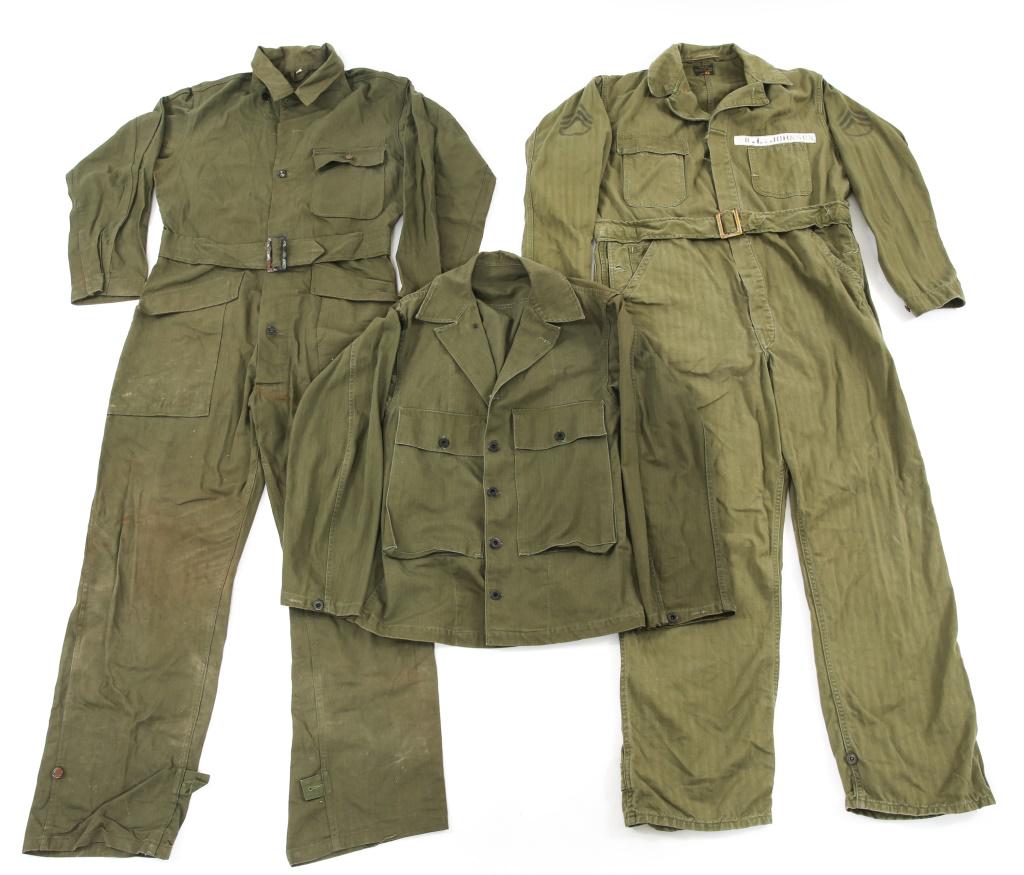 WWII USAAF FLIGHT CREW JUMP SUIT & UNIFORMS LOT: WWII USAAF FLIGHT CREW JUMP SUIT & UNIFORMS LOT (1) Type B-1 Size 42 named to " K.L Johnson ", marked "USA " on the rear below wings in black stencil letters.(2) Flight crew OD Green jumpsuit marked f