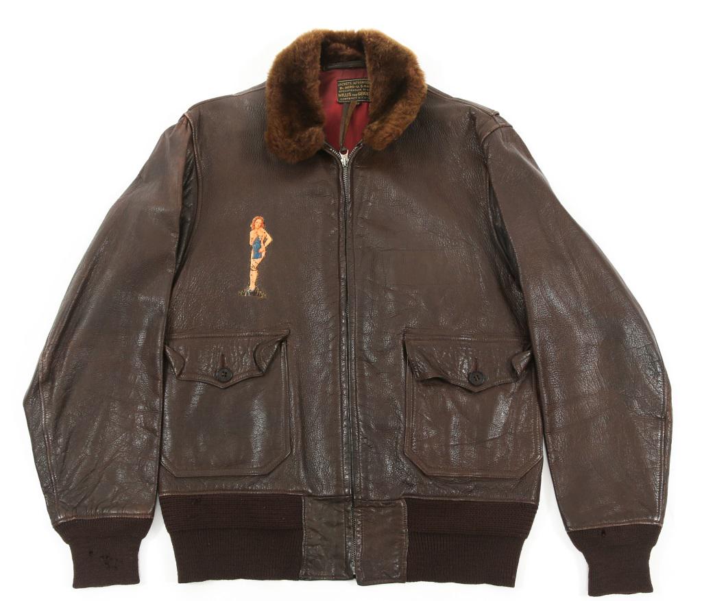 WWII USN M422A G-1 PILOT LEATHER FLIGHT JACKET: WWII USN M422A G-1 PILOT LEATHER FLIGHT JACKET WWII US Navy Intermediate flight jacket (1941). This jacket was also used by the USMC. Goatskin thick leather exterior, brown wool cuffs, red silk interi