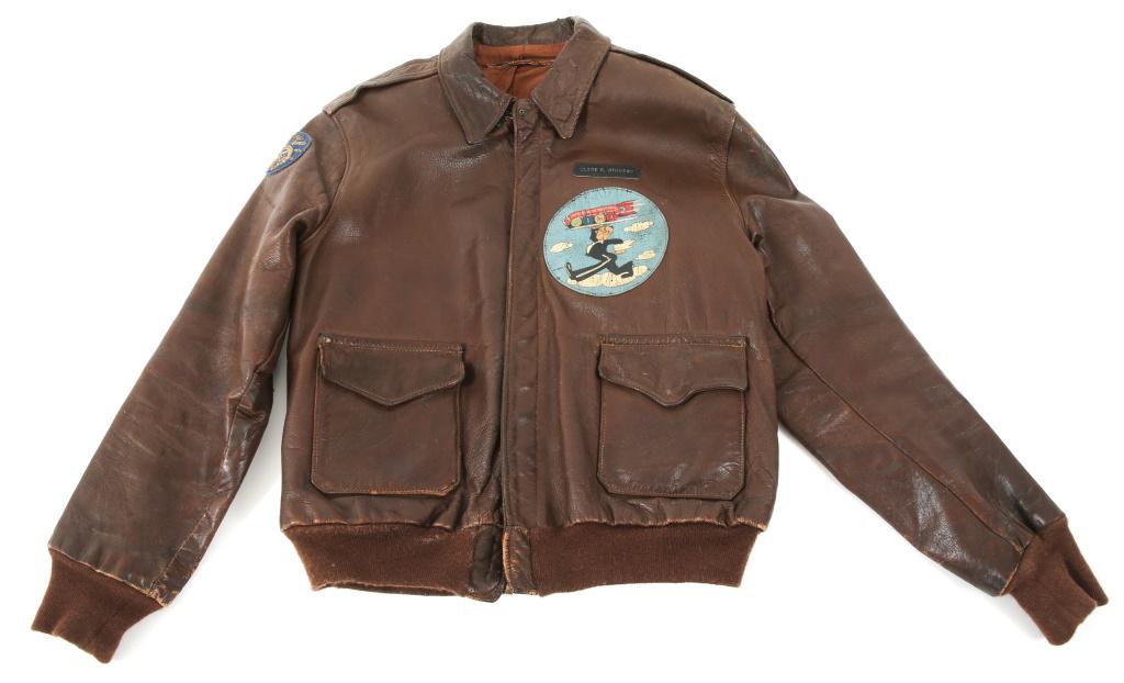 WWII 20th AAF 357th BOMB SQUADRON A2 FLIGHT JACKET: WWII 20th AAF 357th BOMB SQUADRON A2 FLIGHT JACKET WWII US Army, 3rd Air Force, 357th Bomb Squadron, 302nd Bomb Group named A2 leather flight jacket. Leather name tag read " Clyde E. Whinery ". Under 