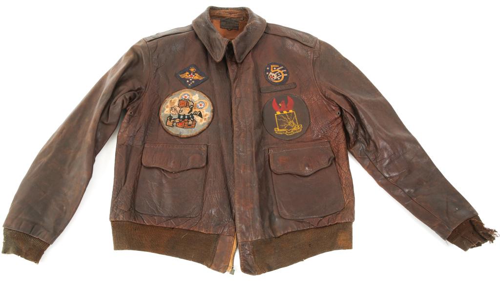 WWII 5th AF 21st TROOP CARRIER SQ A2 FLIGHT JACKET: WWII 5th AF 21st TROOP CARRIER SQ A2 FLIGHT JACKET WWII US Army 5th Air Force, 21st Troop Carrier Squadron, 374th TCG named A2 leather flight jacket. 5th AAF patch, cotton embroidered on felt above th