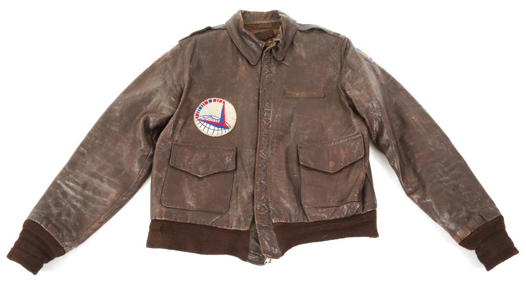 WWII AAF AIR TRANSPORT ATC NAMED A2 FLIGHT JACKET: WWII AAF AIR TRANSPORT ATC NAMED A2 FLIGHT JACKET WWII US Army Air Force CBI, Air Transport Command named Lieutnant A2 leather flight jacket. Leather name tage read " J.E Riordan ". Machine embroidere
