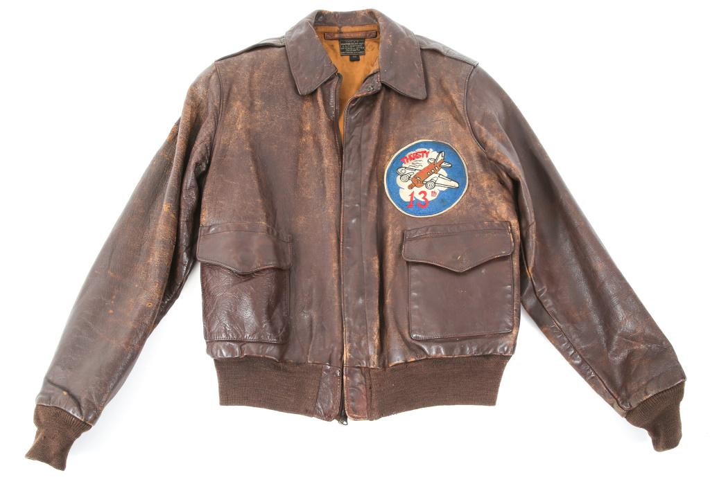 WWII 13th TROOP CARRIER SQUADRON A2 FLIGHT JACKET: WWII 13th TROOP CARRIER SQUADRON A2 FLIGHT JACKET WWII US Army 13th Air Force, 13th Troop Carrier Squadron, 403rd Troop Carrier Group A2 leather flight jacket. Cotton embroidered on felt 13TCS " Thirs