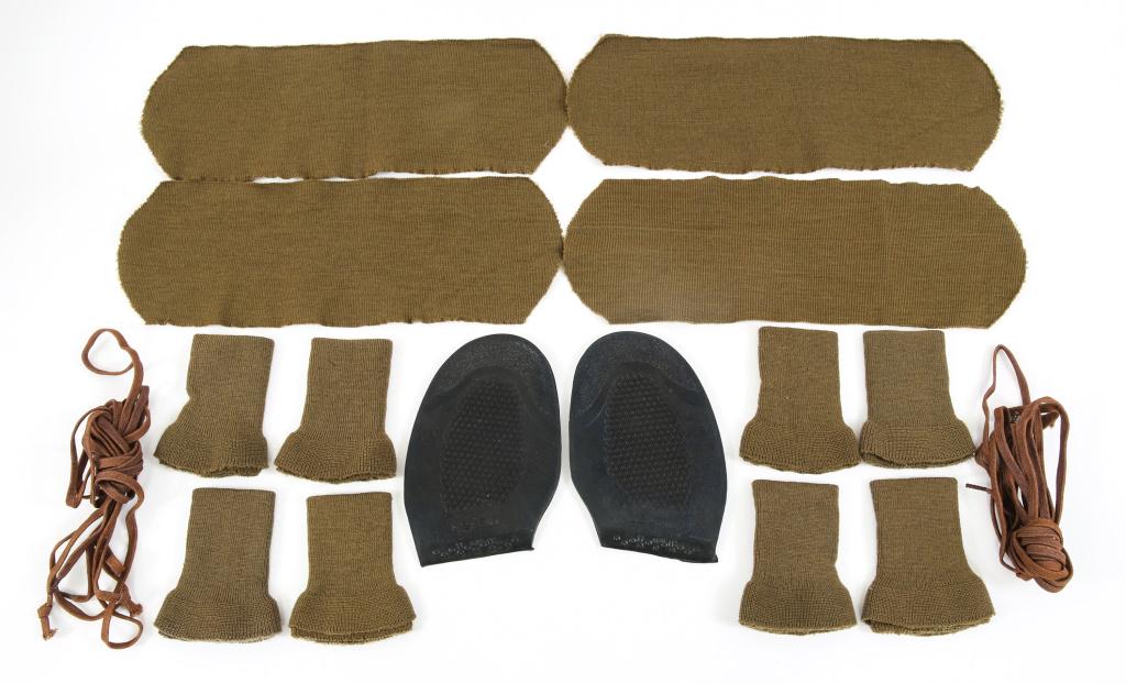 WWII US ARMED FORCES UNIFORM CUFFS SOLE & LACES: WWII US ARMED FORCES UNIFORM CUFFS SOLE & LACES Lot includes : pair of US Army combat boot soles marked " US ARMY 11 HTIS 11 1/2 " , 8 green wool jacket cuffs, 4 pieces of green wool fabric, woven bro