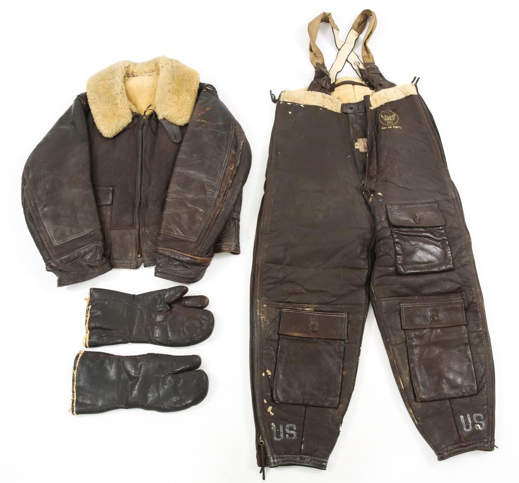 WWII USAAF AN-J-4 JACKET AN-T-35 TROUSERS & GLOVES: WWII USAAF AN-J-4 JACKET AN-T-35 TROUSERS & GLOVES (1) Pair of US WWII USAAF Army Air Force type A-9A Leather Flying Mitten Gloves. Size : Large as marked on interior tag. (2) US WWII USAAF type AN-J-