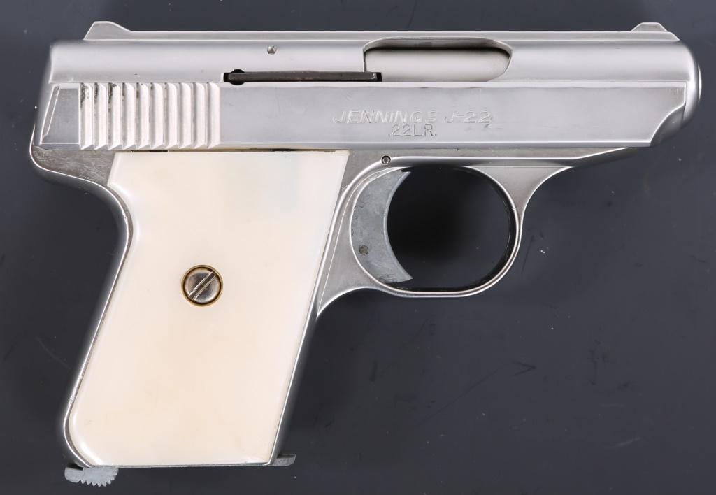 JENNINGS MODEL J-22 .22 LR PISTOL: JENNINGS MODEL J-22 .22 LR PISTOL Jennings J-22 .22LR pistol, with box and extra magazine. Caliber / Gauge: .22 LR Barrel Length: 2.25" Serial Number: 744199
