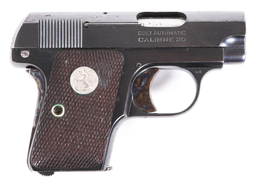 1934 COLT MODEL 1908 .25 AUTOMATIC PISTOL: 1934 COLT MODEL 1908 .25 AUTOMATIC PISTOL 1934 Colt Model 1908 .25 Automatic Hammerless Pistol. The pistol feature fixed sights, checkered wooden grips, blued finish, one 7 round magazine and slide se